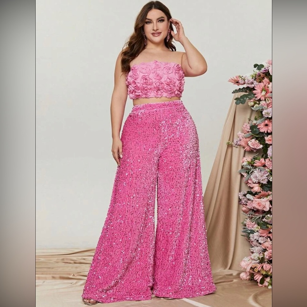 Shein 2X Plus Appliques Tube Top & Sequins Wide Leg Pants